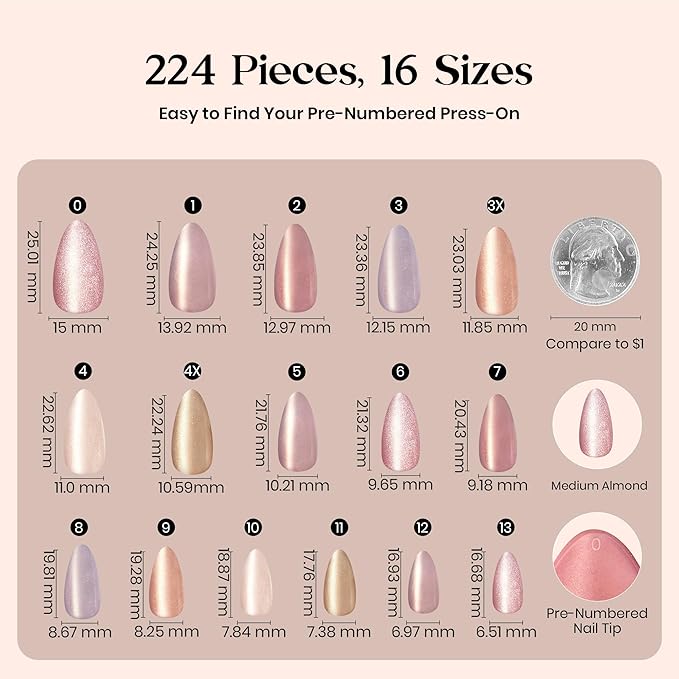 Beetles Cat Eye Nails - 7 Colors Nude Medium Almond Press On Nails | 16 Sizes 224 Pcs Natural Salon Quality Glitter Chasing Light Cateye Nails For Women