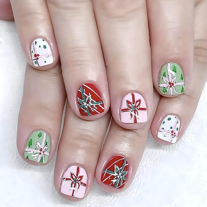 Christmas Press on Nails Short Square Fake Nails with Bow Designs Colorful Xmas False Nail Glossy Full Cover Winter Stick on Nail for Women