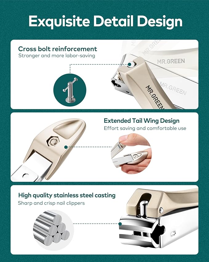 MR.GREEN Nail Clippers, 3PCS Nail Clipper Set with Anti Splash Fingernail Clipper,Ear Pick,Glass Nail File,Professional Nail Clippers for Men and Women, Stainless Steel Nail Cutter with Leather Case