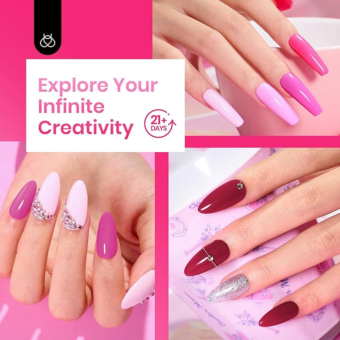 Beetles Pink Dip Powder Nail Kit, 7 Colors Hotpink Clear Pink Lightpink Deeppink Red Dip Powder Starter Kit with Liquid Set Recycling Tray with Base & Top Coat Activator for French Nail Art Manicure