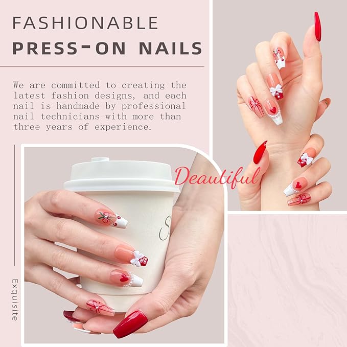 Luxury Handmade Press On Nails - Coffin Shaped Fake Nails with 3D Bows & Cherry Pearls, French Red Reusable False Nails, Salon-Grade Multi-Layer Gel Acrylic Nail Art（M-10PCS)