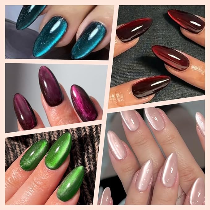 Cat Eye Press on Nails Pack Medium Almond Nails Press ons in 5 Colors(Red,Green,Blue,Purple & Nude),Reusable Artificial Fake Nails with Design Full Cover Stick on Nails for Women Manicure 150Pcs