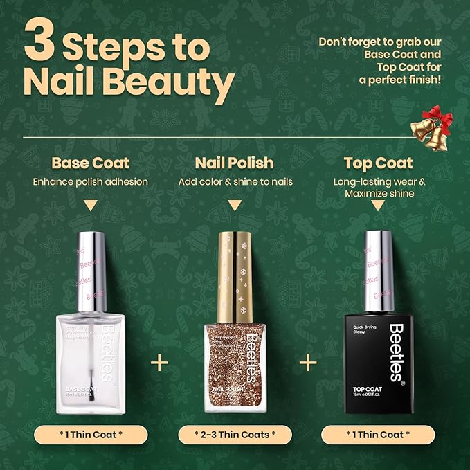 Beetles Nail Polish, 6 Colors Quick Dry Nail Polish Glossy Glitter 7.5ml /0.25 Fl Oz Red Green Gold Silver for New Year Nail Art Manicure DIY at Home Gifts for Women