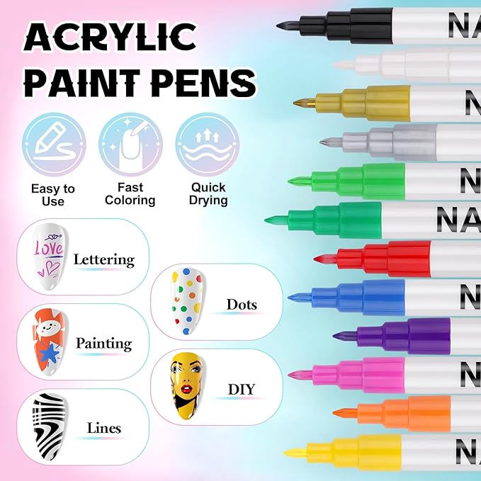 Kalolary 12 Color 3D Nail Art Pens Set, Nail Polish Pens 0.7MM Fine Tip Acrylic Paint Pen Nail Art Markers Quick-Dry Nail Art Tools for Dotting Drawing Painting DIY Nail Art Beauty Manicure(G)