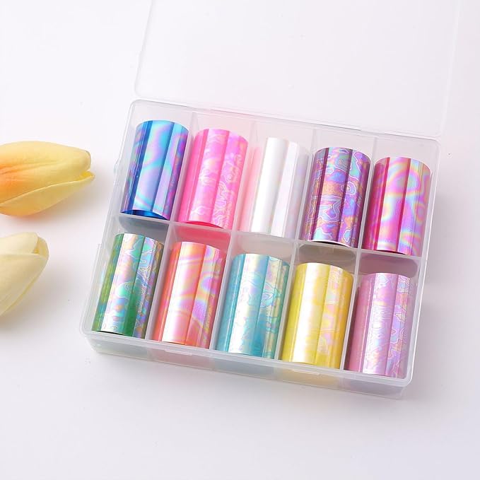 JERCLITY 10 Rolls Aurora Iridescence Nail Foil Transfer Sticker Kit Holographic Decals Laser Nail Foil Transfer Stickers Wraps