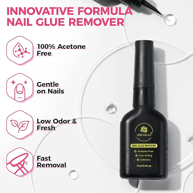 UNA GELLA Nail Glue Remover for Press on Nails 15ml Upgraded Stick & Remove 2 in 1 Acrylic Nails Remover for False Nails Tips Acetone-Free Gentle Gel Nail Remover, Not for Gel Polish Base Coat