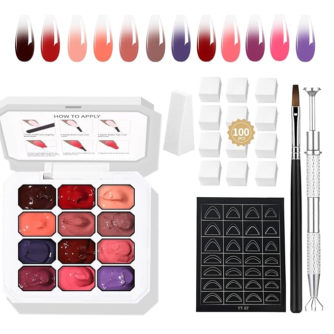 Colorful Ombre Gel Set with 12 brilliant Colors with 100Pcs Nail Sponges & Grabbing Pen , Ombre Nail Polish Gand Eye-Catching for Women Salon Essential Nail Art Tool (c7)