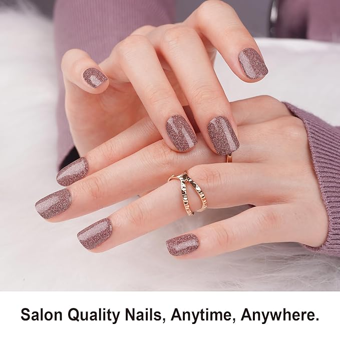 DANNI & TONI Semi Cured Gel Nail Strips Dusty Rose Brown Diamond Powder Gel Nail Stickers 28 Stickers | Mocha Sparkle