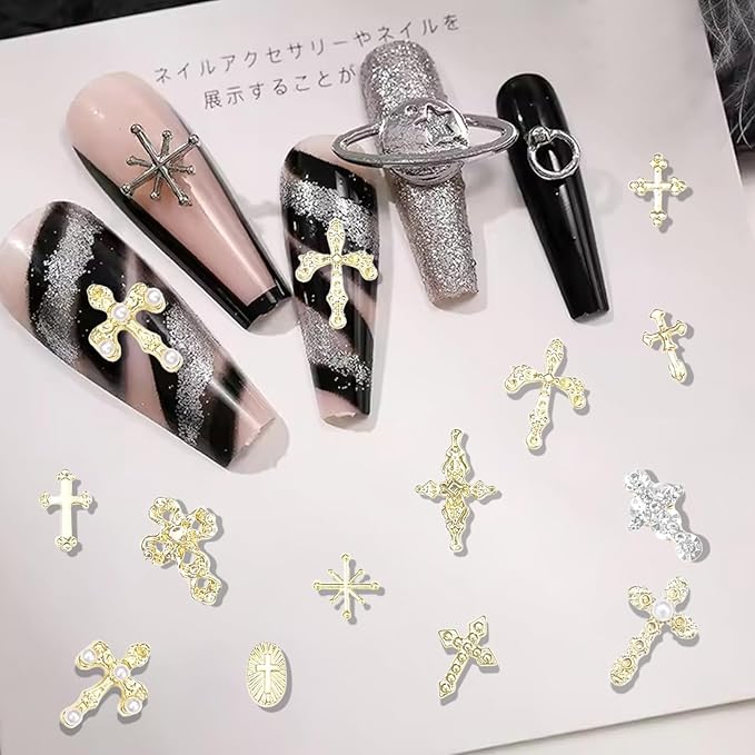 3D Cross Nail Charms for Nail Art, 60 Pcs Metal Crystal Cross Nail Decorations, Alloy Nail Studs and Rhinestones for Women Girl DIY Jewelry Crafts Supplies (Gold C)