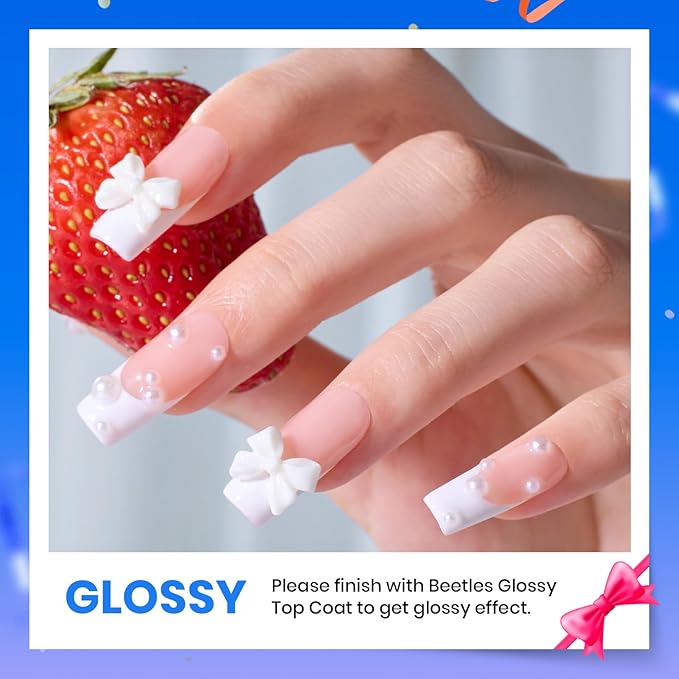 Beetles 3Pcs 15ml White Gel Nail Polish and No Wipe Gel Top Coat & Base Coat Set, Soak Off UV Lamp and Long Lasting Glossy Top Coat French Manicure Art Design Kit