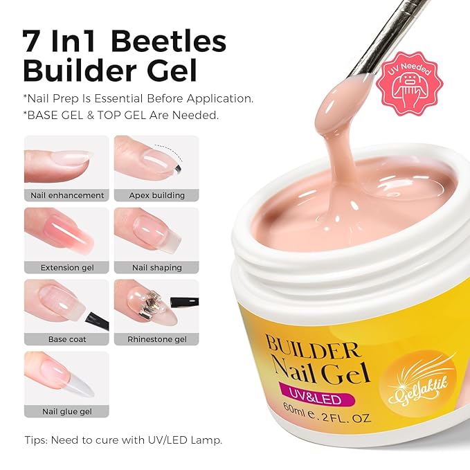 Builder Gel for Nails, 60g Nude Hard Gel for Nail Extension with 10 Nail Forms, Strengthener & Thickening, UV LED Lamp Cured Sculpture, Repair Broken Nails, Salon DIY Manicure Kit