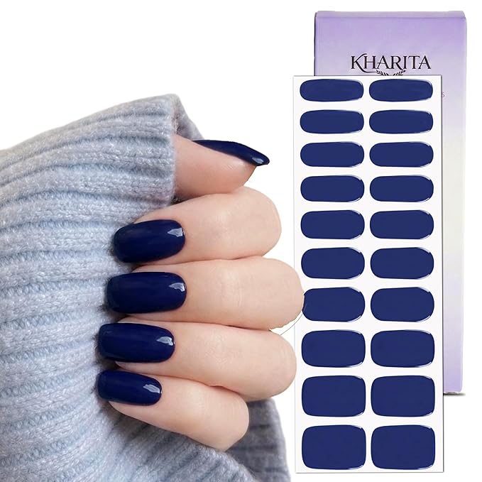 Semi Cured Gel Nail Strips – Real Gel Nail Polish Wraps for Brittle Nails | Waterproof Long Lasting Easy Peel-Off Removal | Hema-Free | 20-Piece Navy Solid Blue Salon Kit with File & Stick