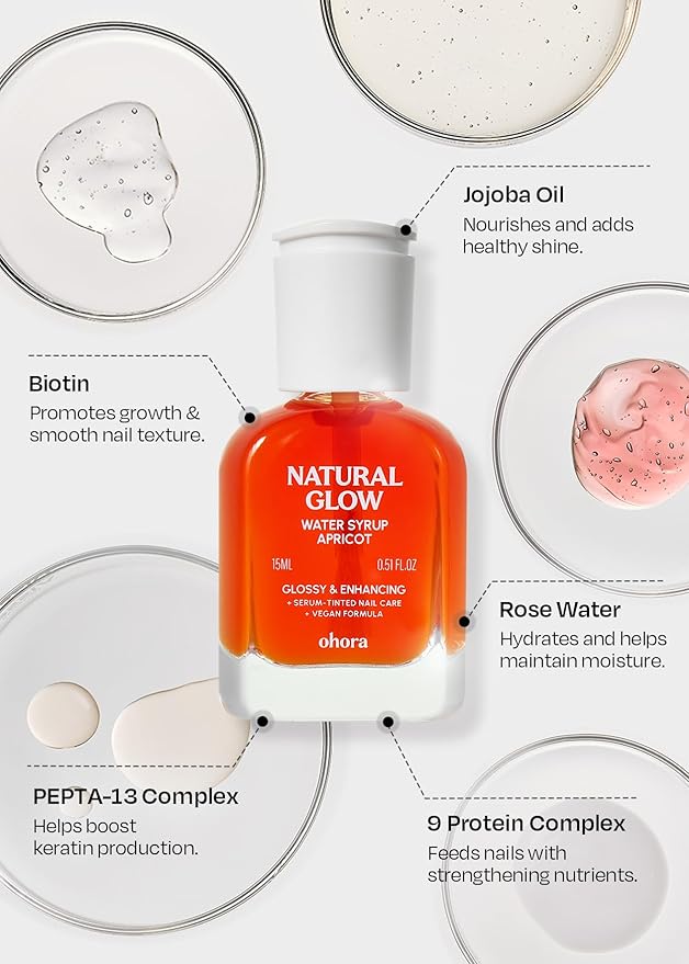 ohora Natural Glow Water Syrup Nail Strengthener (Apricot) - Tinted Nail Hardener for Brittle, Damaged Nails, Quick-Dry Glossy Finish, Nail Repair & Growth, 15 mL