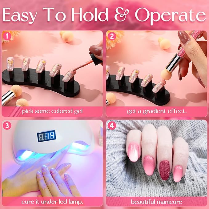 Maitys 4 Pcs UV Gel Gradient Sponges Pens with 16 Pcs Replacement Head Nail Sponges for Ombre Double Head Brush for Nail Art Manicure DIY Tools(Pink, White)