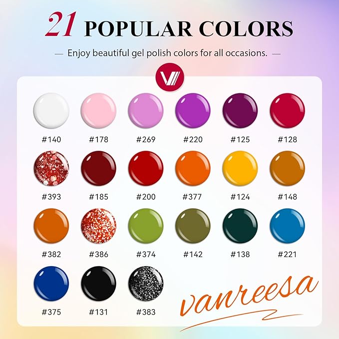 VANREESA 24 Pcs Gel Nail Polish Set, 21 Colors Christmas Gel Polish with Base Coat Glossy & Matte Top Coat Red Orange Yellow Green Blue Purple Gel Polish Kit Nail Kit Gifts for Women