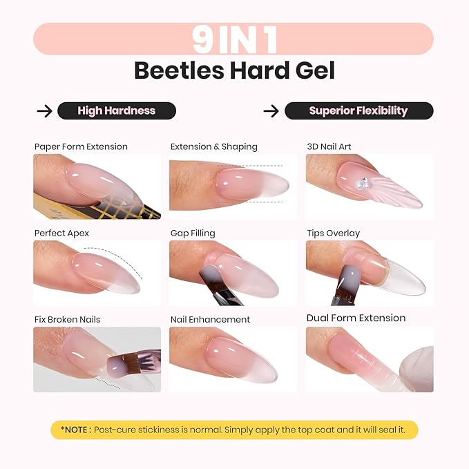 Beetles Hard Gel for Nails Kit Classic Neutral 3 Colors 9 in 1 Nail Extension Sculpting High Hardness for Salon Professionals Nude & Clear Builder Nail Gel UV & LED Cured