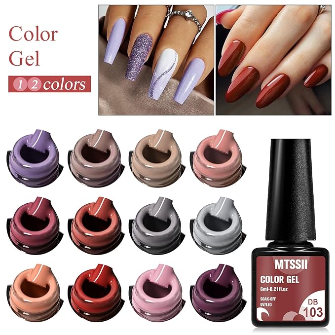MTSSII Gel Nail Polish Set, 12PCS Brown Grey Violet Gel Nail Polish Kit, Soak Off UV/LED Nail Polish Nail Art Design Salon Home Gifts for Women