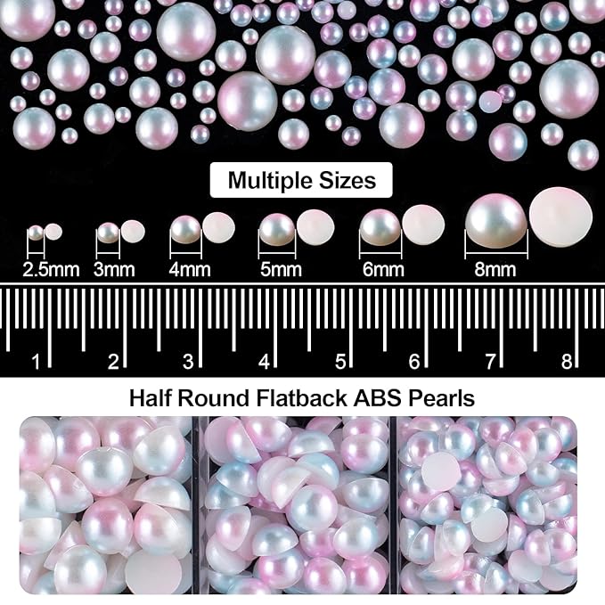 4000PCS Flatback Rhinestones and Half Round Pearls Kit #36, Multi Size Glass AB Crystals, Plastic Flat Back Pink Mermaid Dome Bead with Pickup Pencil and Tweezer for Nail Art