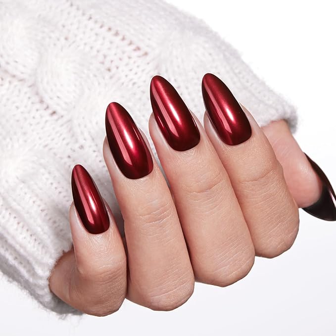 VSALON Press On Nails Almond, 32 Pcs 16 Sizes Red Press On Burgundy Chrome Metallic Medium Fake Nails With Glue & Cuticle Oil, Reusable Stick On Nails False Nails Kit