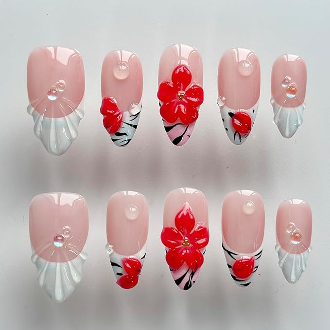 Luxury Press on Nails Medium Almond Handmade 3D Unique Reusable ABS Material Fake Nails White French Tip False Nails with Designs Water Drop Red Flower Glossy Glue on Nail Thick Acrylic Nail(S)