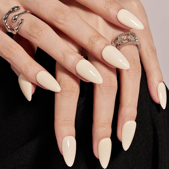 GLAMERMAID White Press on Nails Medium Almond, Handmade Milky Cream White Neutral Jelly Sofy Gel Glue on Nail Stiletto, Glossy Fake Nails Short Oval，Reusable Acrylic Stick on False Nail Kits for Women