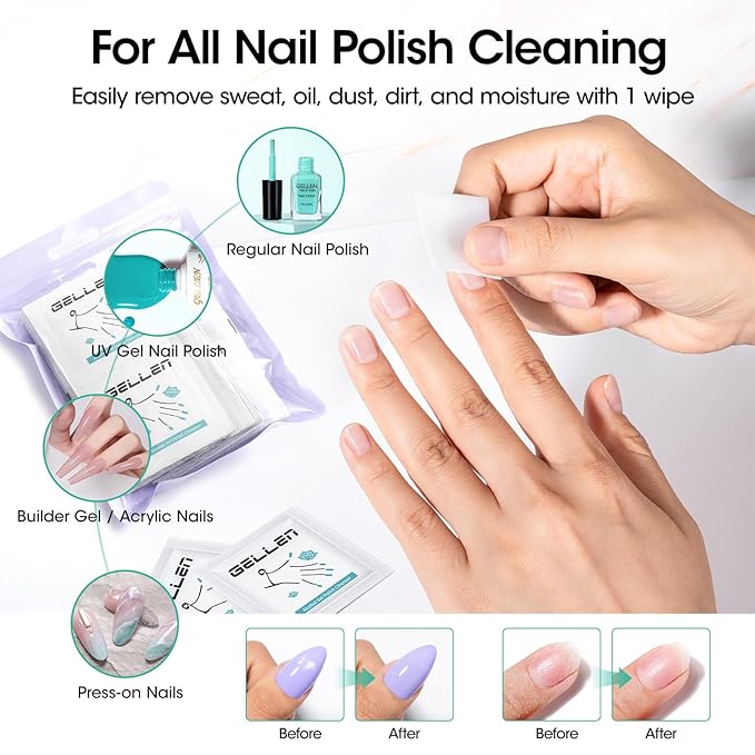 Gellen 100 Pack Gel Polish Remover and Nail Cleanser Pads, Acetone Nail Polish Remover Pads, Alcohol Wipes for Nails, Quick & Easy Removal, Individually Wrapped Travel Set for Perfect Nail Art