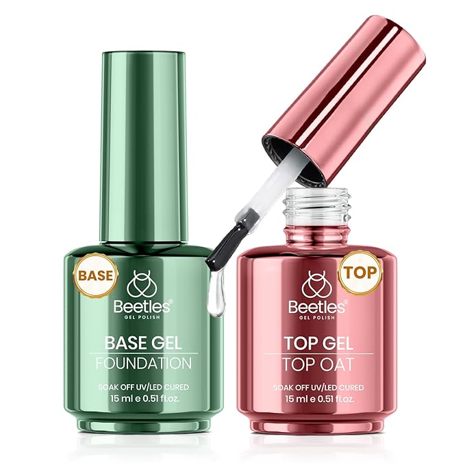 Beetles No Wipe Gel Top Coat and Base Coat Set, 2 Pcs 15ml Top Coat Nail Polish & Gel Base Shine Finish Long Lasting, Soak Off LED Lamp Nail Art Design Manicure Gifts for Women