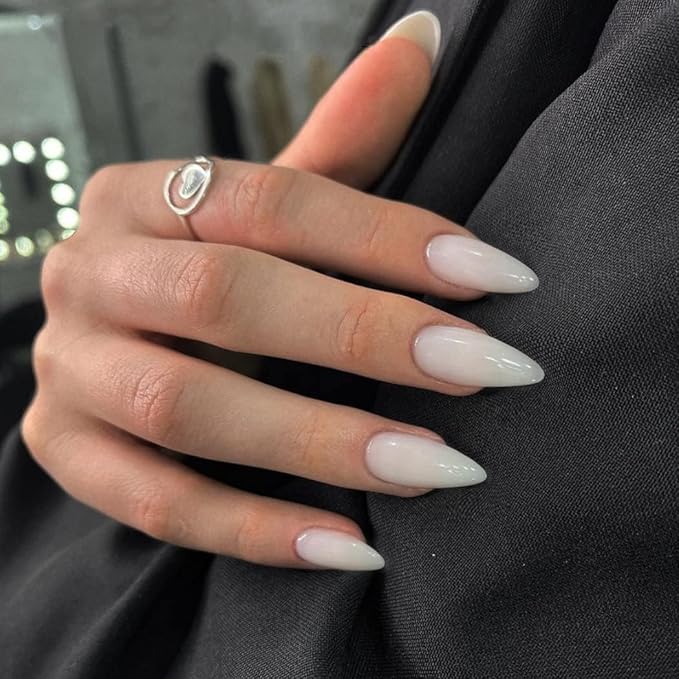White Press on Nails Almond Shaped 48Pcs Neutral Thick Fake Nails for Women, Medium Almond Nails Press on Reusable Acrylic Nails Glue on Medium Length Stiletto False Nails Gel Artificial Nails
