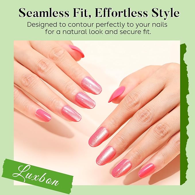 Luxbon Short Press On Nails with No-Cure Nail Glue and Tool Kit – Rounded Cat Eye Soft Gel Tips 25-30pcs Full Size Set, Reusable Fake Nails for Women, Salon Look at Home, Cherry