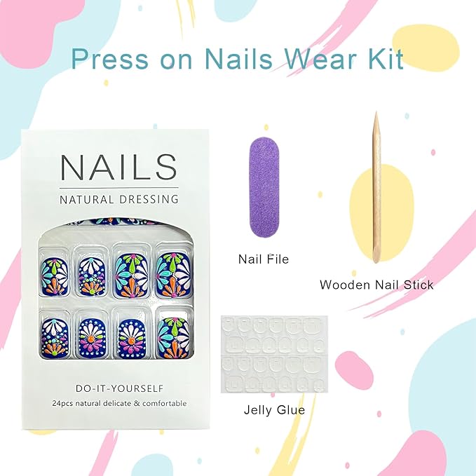 3D Flower Press on Nails Short Square Fake Nails with White Daisy Designs Blue False Nail Spring Summer Floral Stick on Nail for Women 24Pcs
