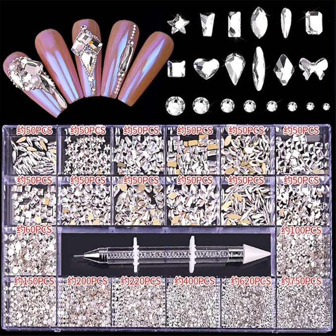 600+2100 Pcs Crystal Rhinestones Nail Art Set Nail Gems White Clear Class Multi-Shape Flat Back Shiny Nail Jewels with Picking Pen for Nail Art DIY Crafts Phones Clothes Shoes Jewelry Bag