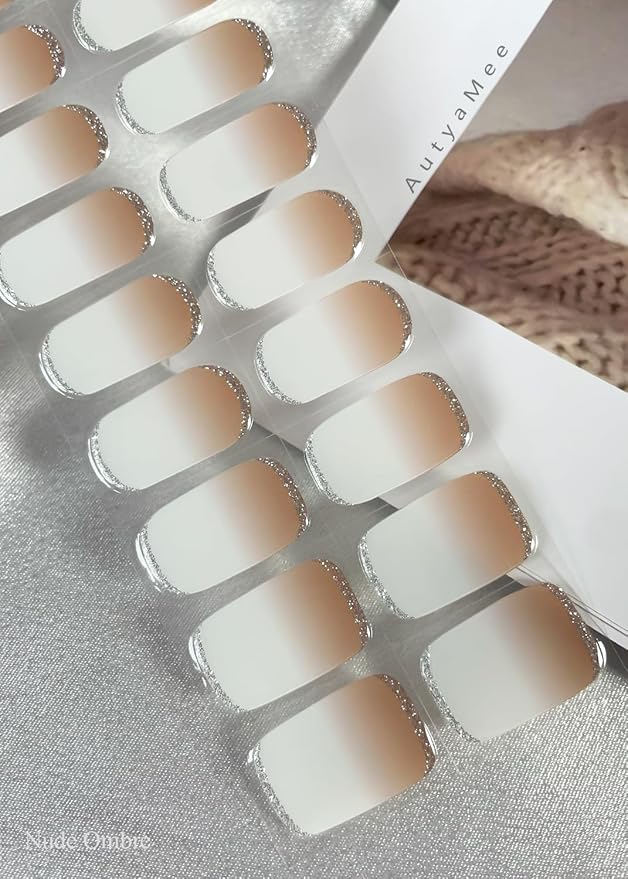 Semi Cured Gel Nail Strips (Nude Ombre), Gold Glitter, 20 Pcs Gel Nail Wraps, Stickers, UV Light Required, Salon Quality, Long Lasting