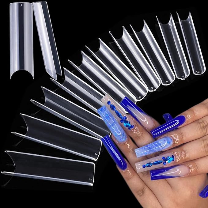 LoveOurHome 200pc XL C Curve Nail Tips Extra Long Tapered Square Fake Nails Half Cover Clear Artificial Nail Art Tips 10 Size False Nails Tech Supplies for Gel Acrylic Nail Extension