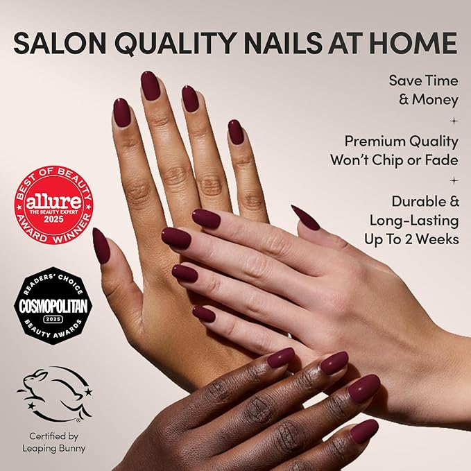 Glamnetic Press On Nails - Berry Maroon Fake Nails | Opaque Dark Red Maroon Short Round Fake Nails, Salon Quality | 12 Sizes - 30 Nail Kit with Glue