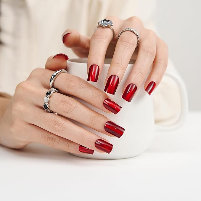 Burgundy Press On Nails Square - Cat Eye Fake Gel Nails, Glossy Sparkle Long-Lasting Chip-Free for Date Night or Fall Nails, 24 Pcs in 12 Sizes with Glue, Adhesive Tabs, File, Prep Pad, Manicure Stick
