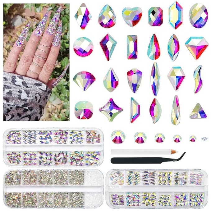 3 Boxes AB Crystal Nail Rhinestones 240 Multi-Shapes White AB Big Gems K9 Glass Flatback Round Beads Crystals Stones Nail Art Charms for Nails Face Eyes Makeup Crafts DIY Tumblers Bottles Shoes