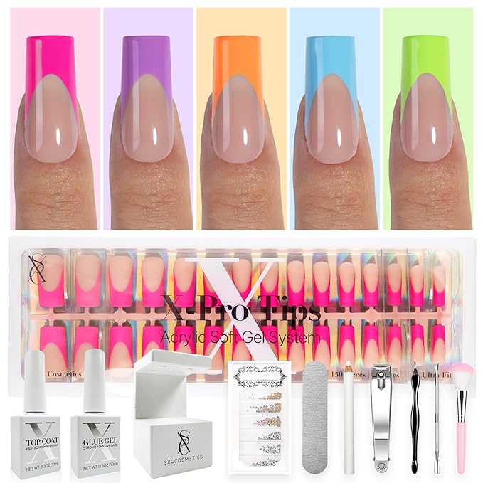 SXC Cosmetics X-Pro Tips French Tip Press On Nails - Bright Pastel Glow in the Dark Series (GLOW117KIT-M Square)