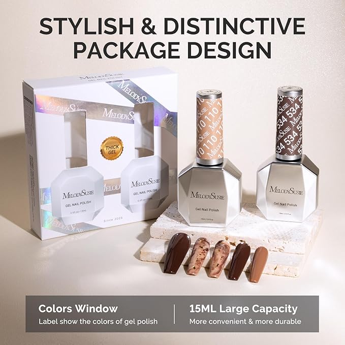 MelodySusie Thick Gel Nail Polish Set- 2 Pcs 15ML Brown & Nude Gel Polish Set Soak Off UV LED Brown Gel Polish Christmas Gift for Women Nail Art Manicure Salon DIY Nail Design Decoration at Home