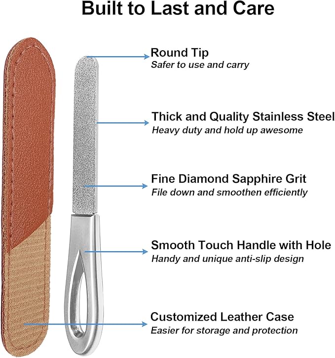 Metal Nail File with Case, 2 Pack Nail Files for Natural Nails, Fingernail Files Diamond Round Tip Stainless Steel Double Sided Fine Grit Sapphire Filer with Sheath Leather Cases Travel Silver Brown