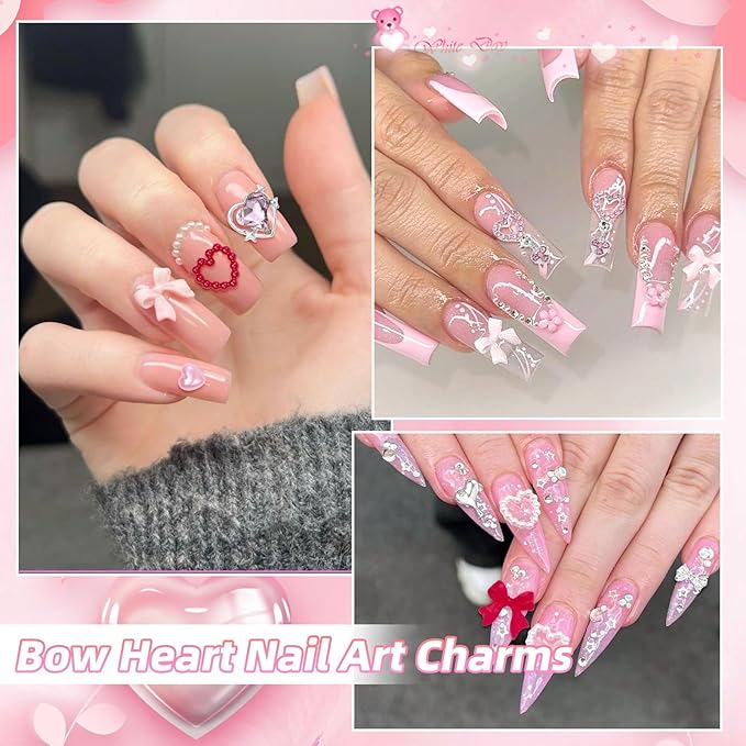 Valentine's Day Nail Charms，Pink Colors Red Bows Hollow Rhinestones for Acrylic Nails , 3D Dangle Heart Nails Charm, Bowknot Heart Silver Y2K Jewelry Charms for Nail Art DIY