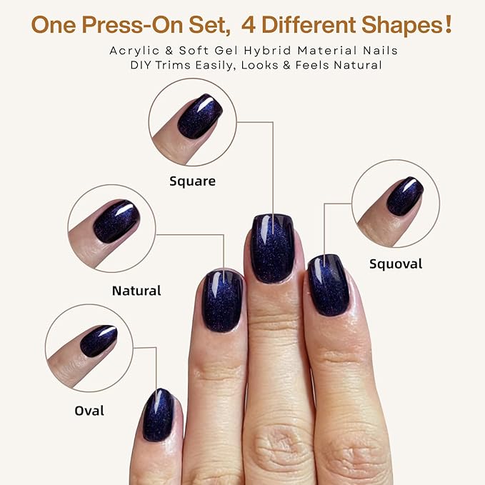 Blue and Purple Cat Eye Press on Nails Short Square, Glue on Nails for Women Gift, French Tip Effect,Reusable Soft Gel Press on Acrylic Nail with Designs 30Pcs(Blue Purple)