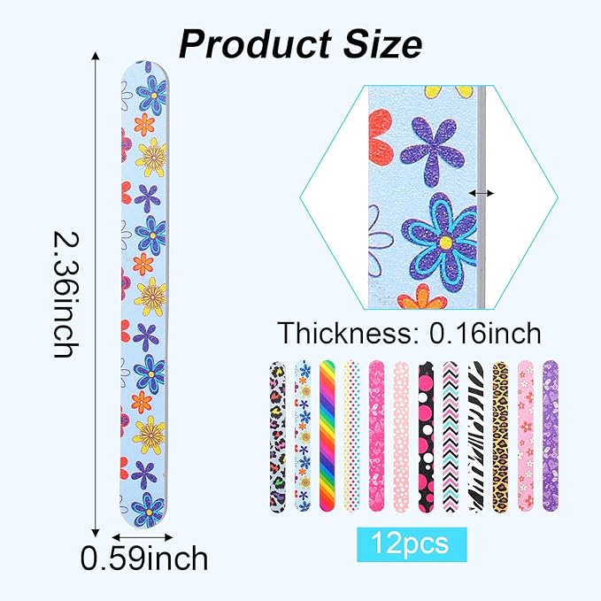 12PCS Professional Nail Files Double Sided 100 180 Grit Emery Boards Colorful Manicure Pedicure Tools for Natural Acrylic Nails Reusable Washable Nail Buffing Shaping Smoothing Filer