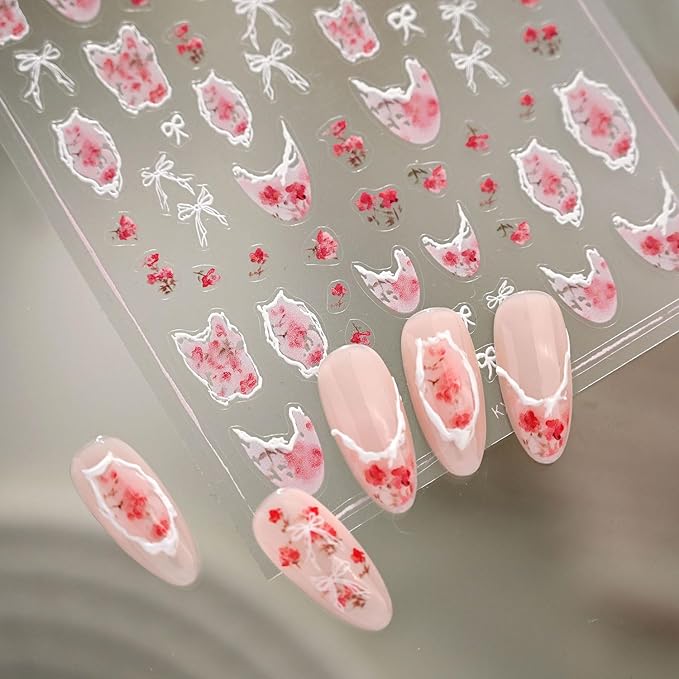 Flower Nail Stickers 5D Embossed White Bow Nail Decals French Tip Design Retro Floral Nails Designs Valentine's Day Nails Supplies for Women Girls DIY Manicure