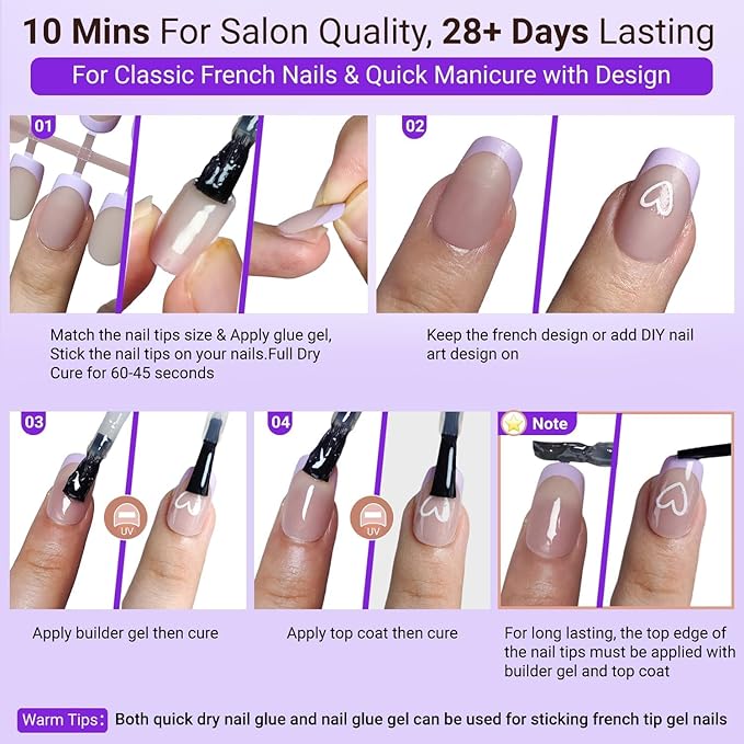 Gel French Tip Nails Short Square French Tip Press on Nails SXVME White French Nail Tips 150Pcs Pre-applied Tip Primer Natural Skin Tones Fake Nails Extensions Gel Nail Kit for Women Girls DIY