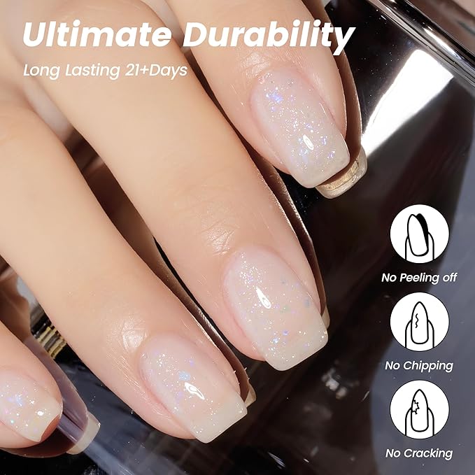 YTD Likomey Brocade Glitter Gel Nail Polish,Nude Iridescent 15ml Milky White Shimmer Jelly Translucent Neutral Holographic Sparkly Flakes Home DIY UV Nail Art Varnish,SF347