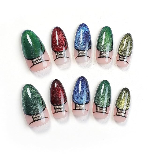 Handmade Press on Nails Luxury Glitter Christmas Lights French Tip Fake Nails Green False Nail Design Handmade Thickened Artificial Acrylic Nail Press ons Almond Nails Glue on Nail for Women（Size M）