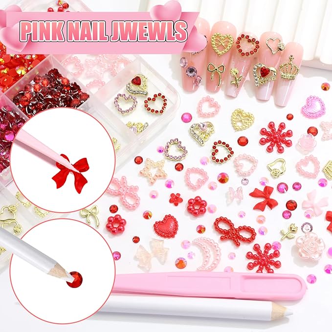 BELICEY Valentines Gold Heart Nail Charms 3D Metal Red Heart Nails Rhinestone and Gem Flatback Pink Bow Nail Jewelry for Valentine‘s Day DIY Manicure Decorations for Women Accessories Supplies