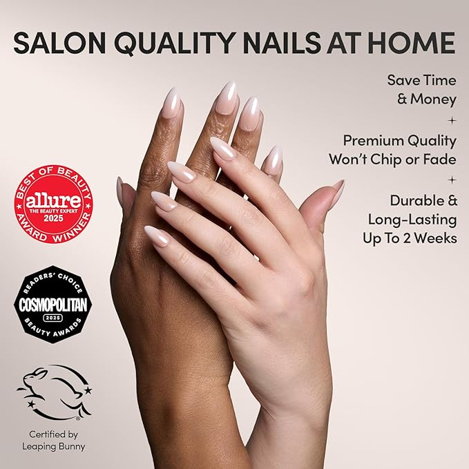 Glamnetic Press On Nails - Fiancéd | Short Almond Fake Nails with a Nude Ombré and Glossy, Glazed Finish, Salon Quality | 15 Sizes - 30 Nail Kit with Glue