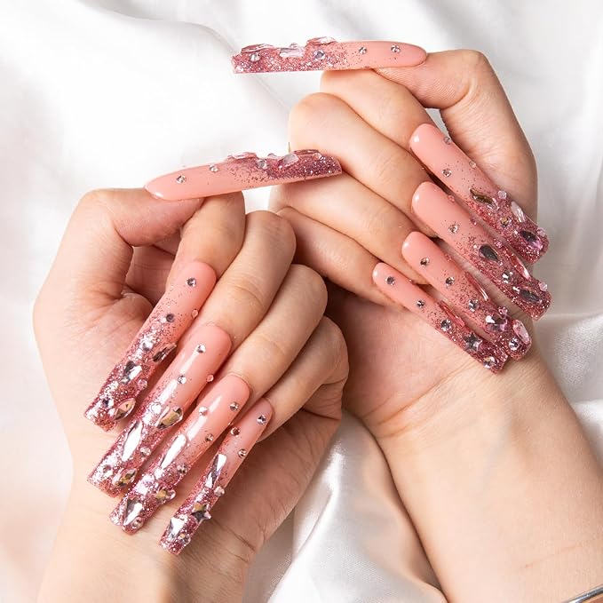 LOVFUL Press on Nails Pink Glitter | Handmade with Full Covered Crystals | Reusable Fake Nails | Square Long 2.2 in | H60-S