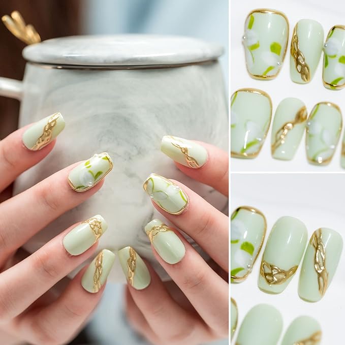 Sun&Beam Nails Handmade Short Medium Coffin Ballerina Green False Nail Tips with Cute 3D Pearl Popular Charm Design Press On Nails 10 Pcs (#54 L)